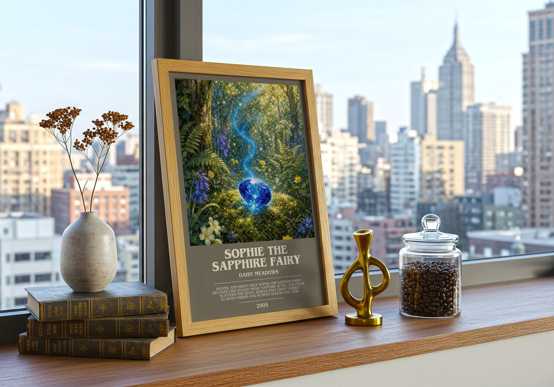 Sophie the Sapphire Fairy bookish print framed by window – literary home decor