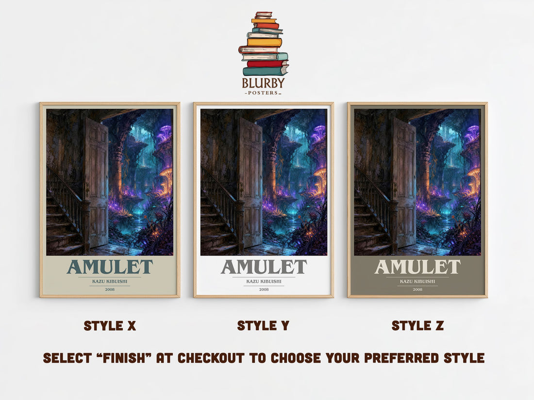 Amulet book cover print in frame leaning in hallway – fantasy wall art (mockup)