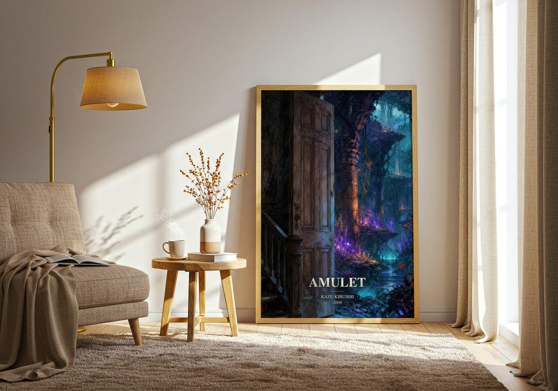 Amulet watercolour print in frame leaning in hallway – fantasy wall art