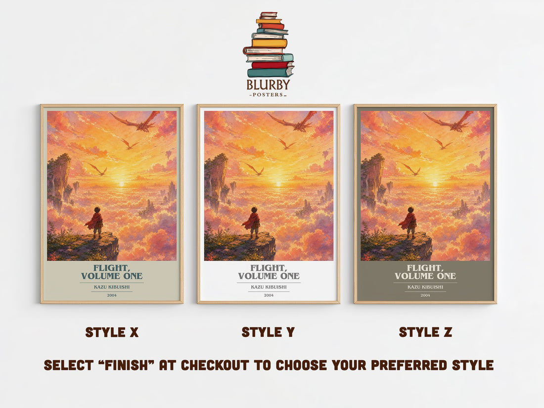 Flight, Volume One book cover print in frame leaning in hallway – fantasy wall art (mockup)