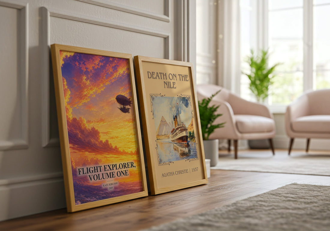 Flight Explorer, Volume One watercolour print framed by window – literary home decor