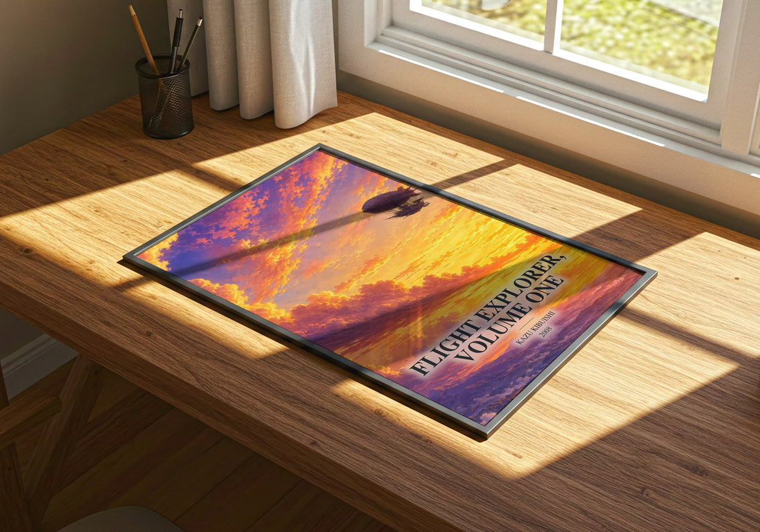 Flight Explorer, Volume One watercolour book poster framed on wall – childrens wall art