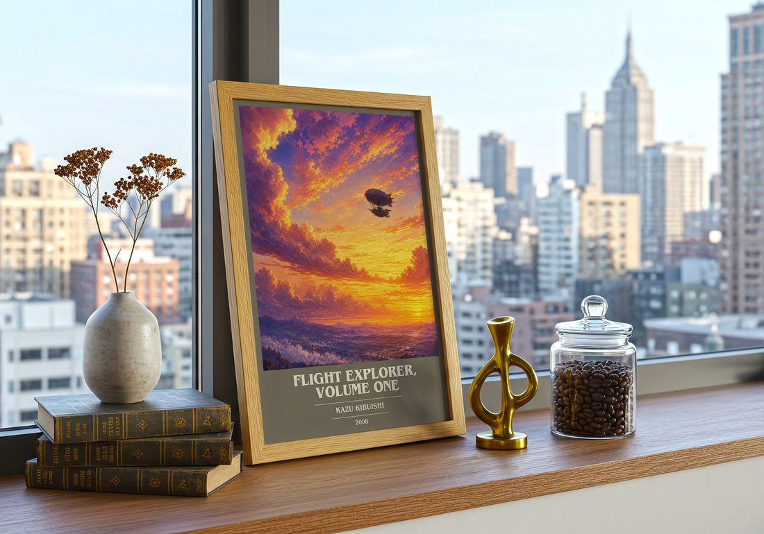 Flight Explorer, Volume One book cover print framed by window – literary home decor