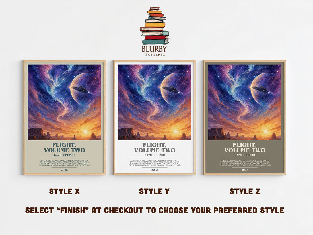 Flight, Volume Two bookish print in frame leaning in hallway – fantasy wall art (mockup)