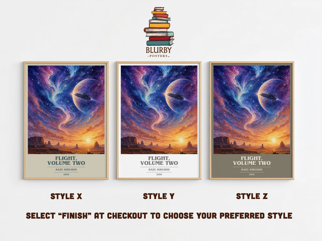 Flight, Volume Two book cover print in frame leaning in hallway – fantasy wall art (mockup)