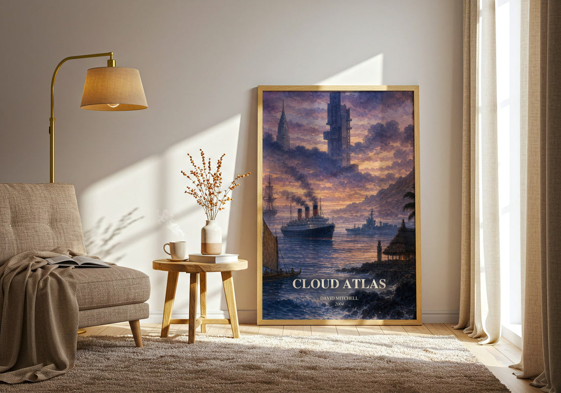 Cloud Atlas watercolour print in frame leaning in hallway – literary fiction wall art