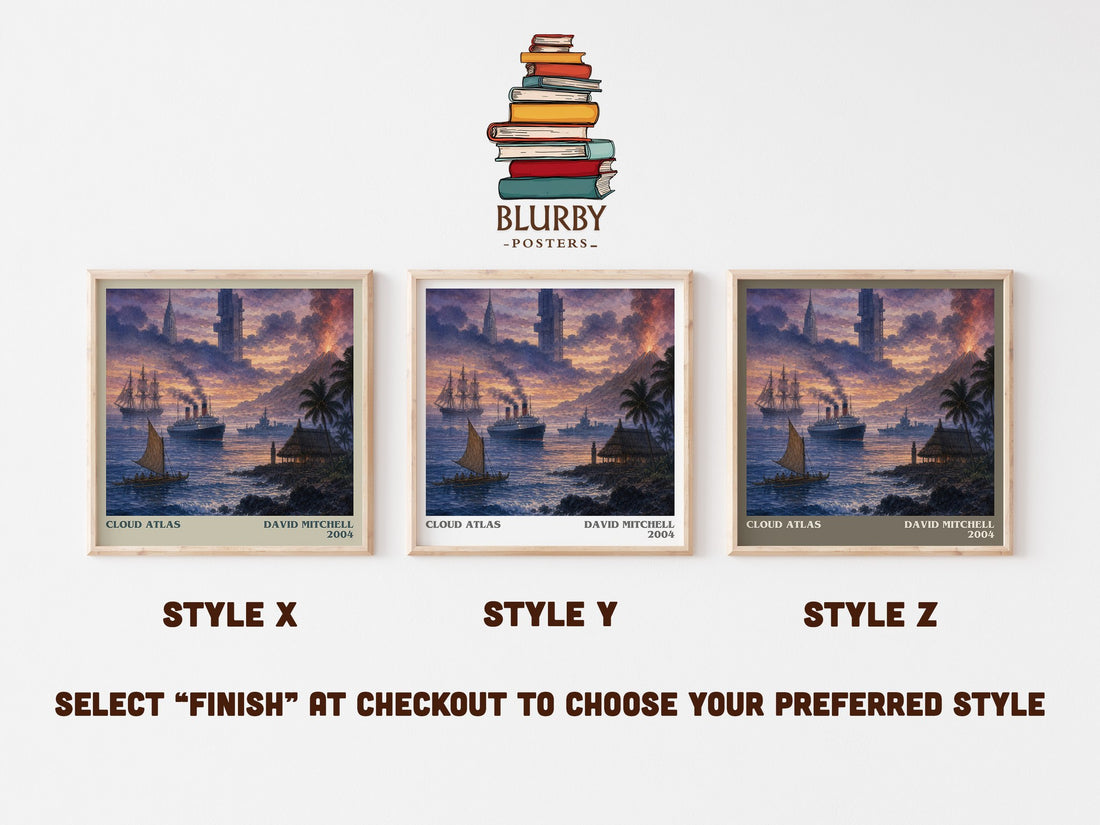 Cloud Atlas literary print in frame leaning in hallway – literary fiction wall art (mockup)
