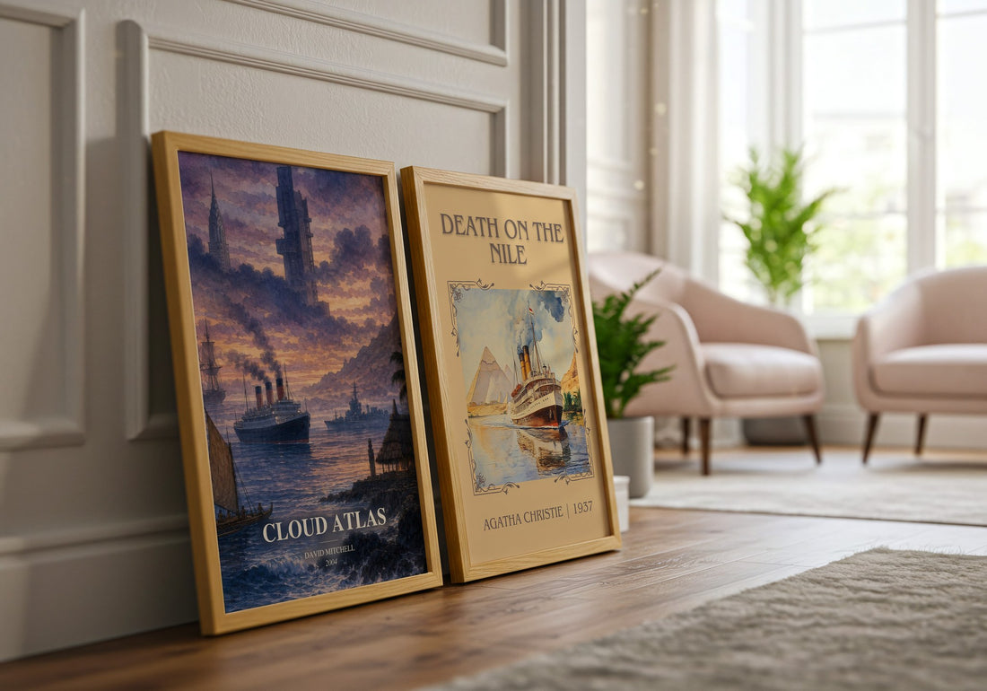 Cloud Atlas watercolour print framed by window – literary home decor