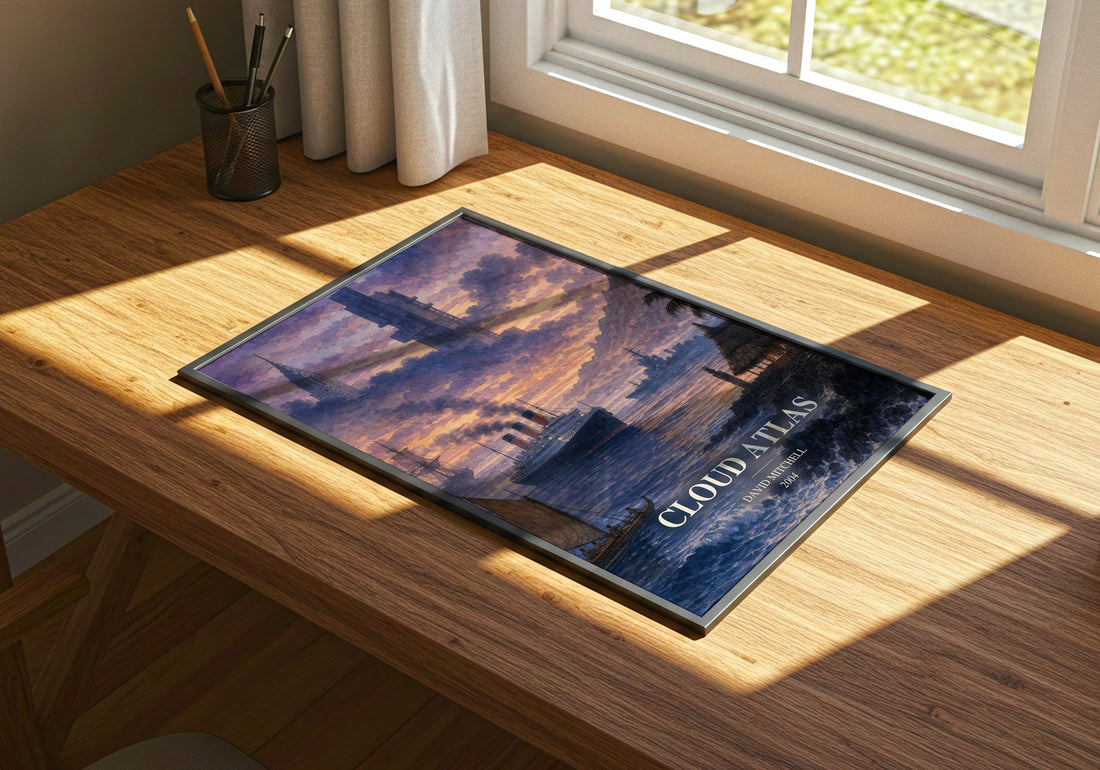 Cloud Atlas watercolour book poster framed on wall – literary fiction wall art