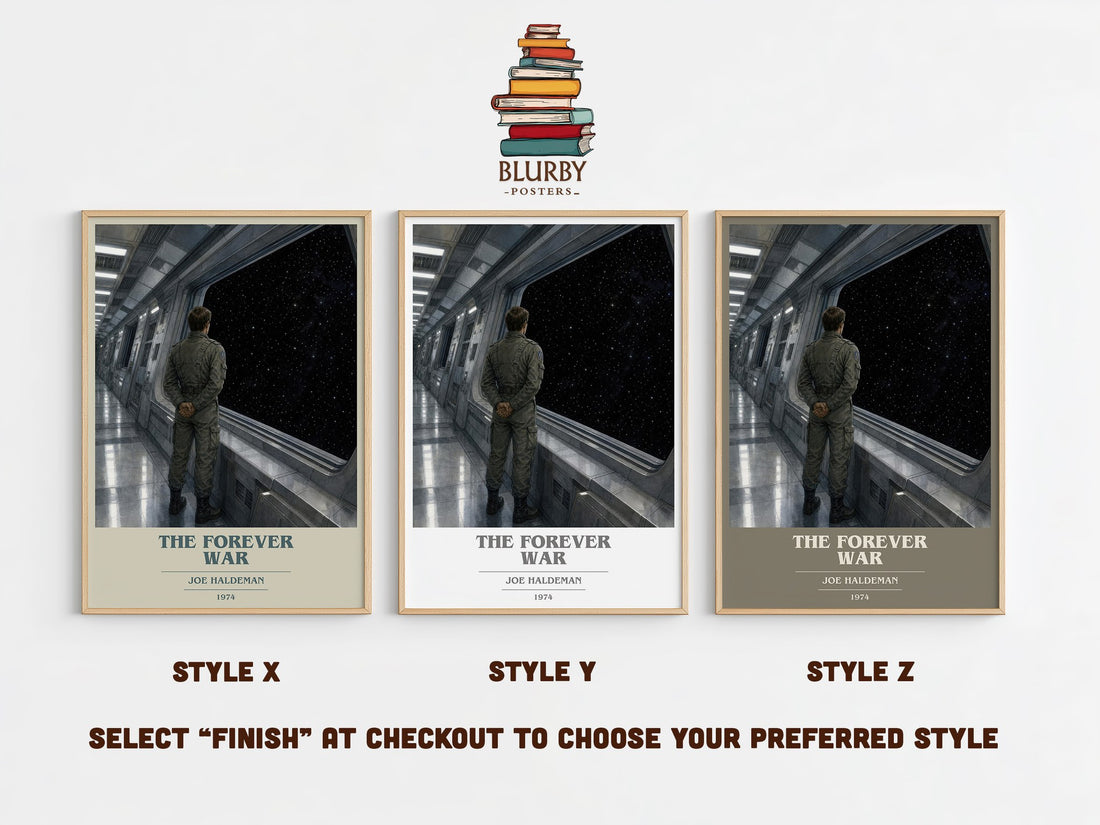 The Forever War book cover print in frame leaning in hallway – sci fi wall art (mockup)