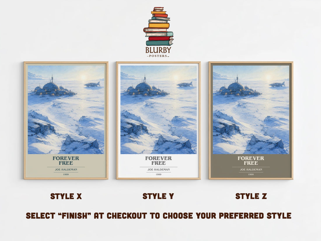 Forever free book cover print in frame leaning in hallway – sci fi wall art (mockup)
