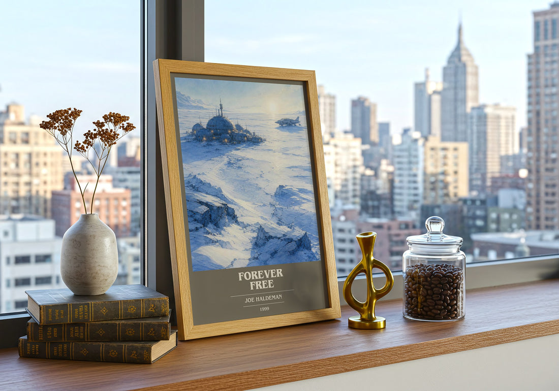 Forever free Book Cover Poster by Joe Haldeman – framed print on a city-view windowsill