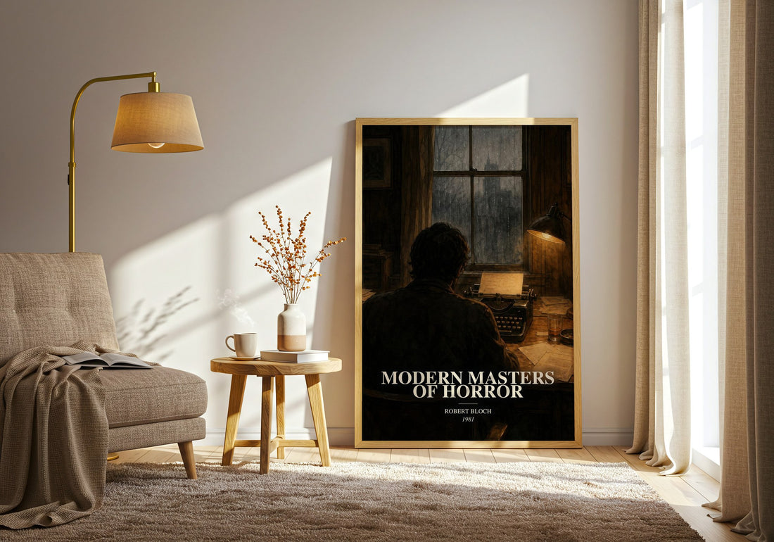 Modern Masters of Horror watercolour print in frame leaning in hallway – non fiction wall art