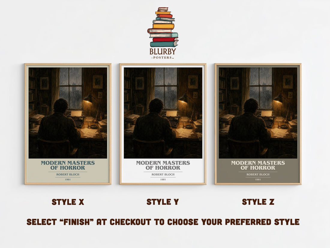Modern Masters of Horror book cover print in frame leaning in hallway – non fiction wall art (mockup)