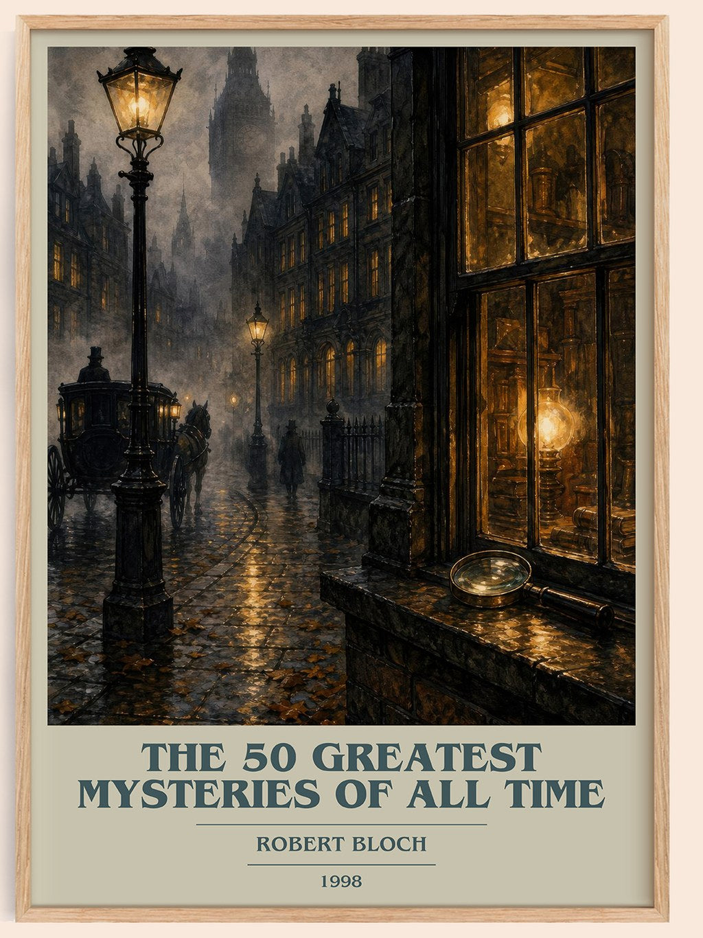 The 50 Greatest Mysteries of All Time book cover book poster by Robert Bloch – framed literary art print