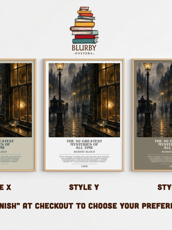 The 50 Greatest Mysteries of All Time bookish print in frame leaning in hallway – mystery wall art