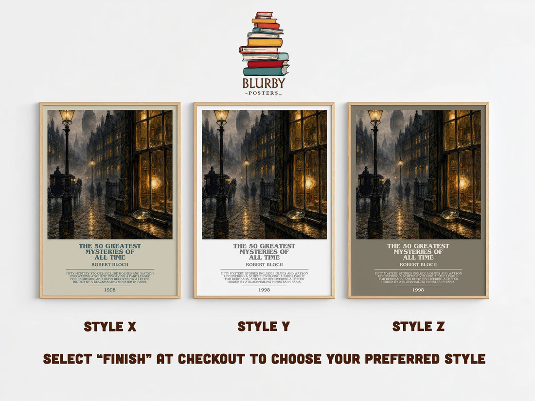 The 50 Greatest Mysteries of All Time bookish print in frame leaning in hallway – mystery wall art (mockup)