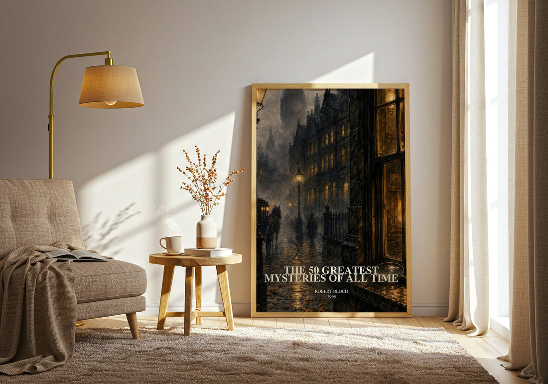The 50 Greatest Mysteries of All Time watercolour print in frame leaning in hallway – mystery wall art