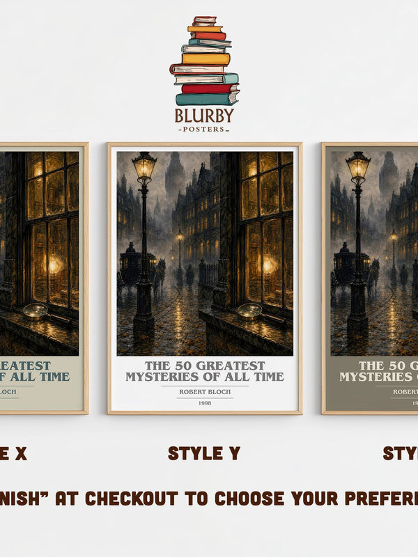 The 50 Greatest Mysteries of All Time book cover print in frame leaning in hallway – mystery wall art