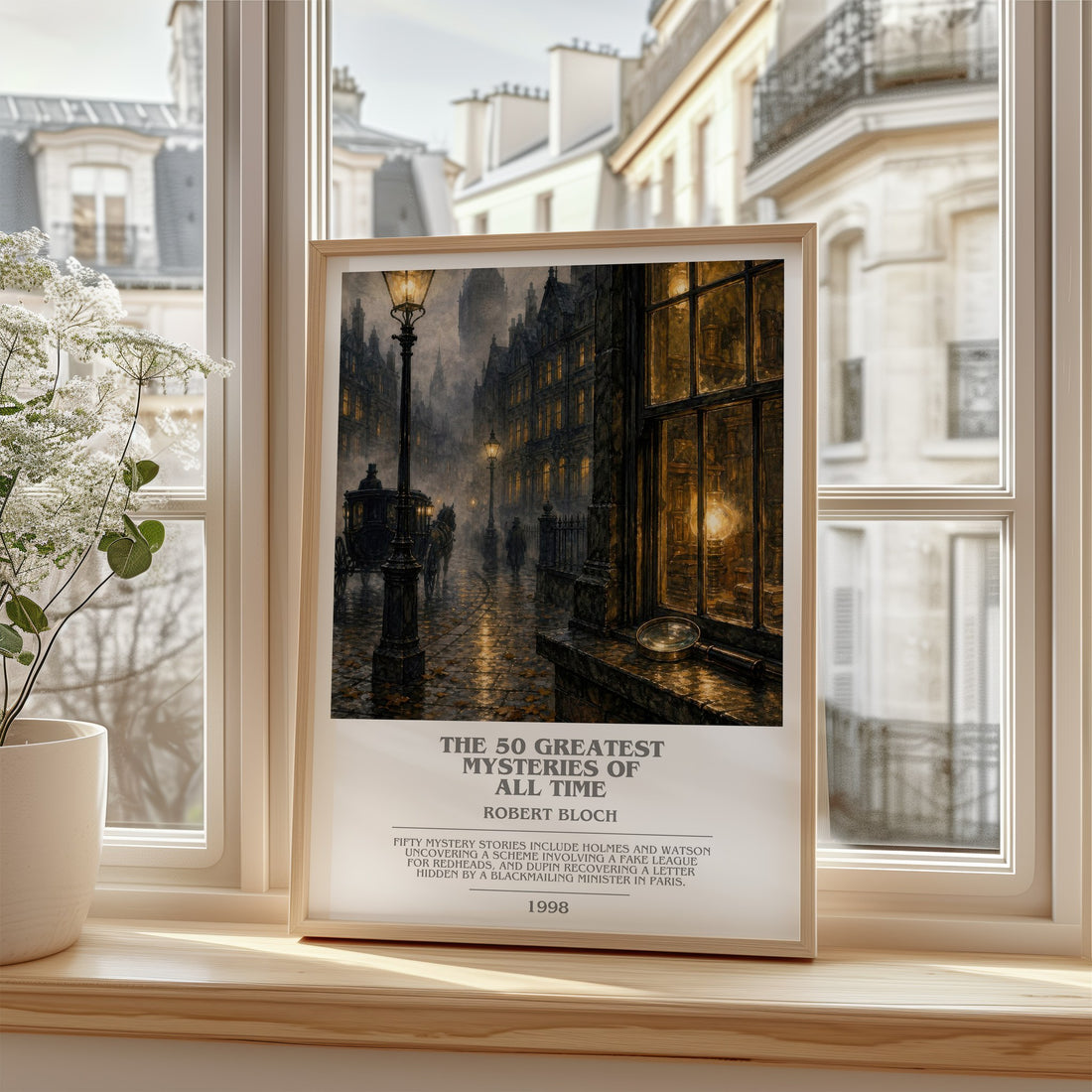 The 50 Greatest Mysteries of All Time Bookish Wall Art by Robert Bloch – framed print by a bright window