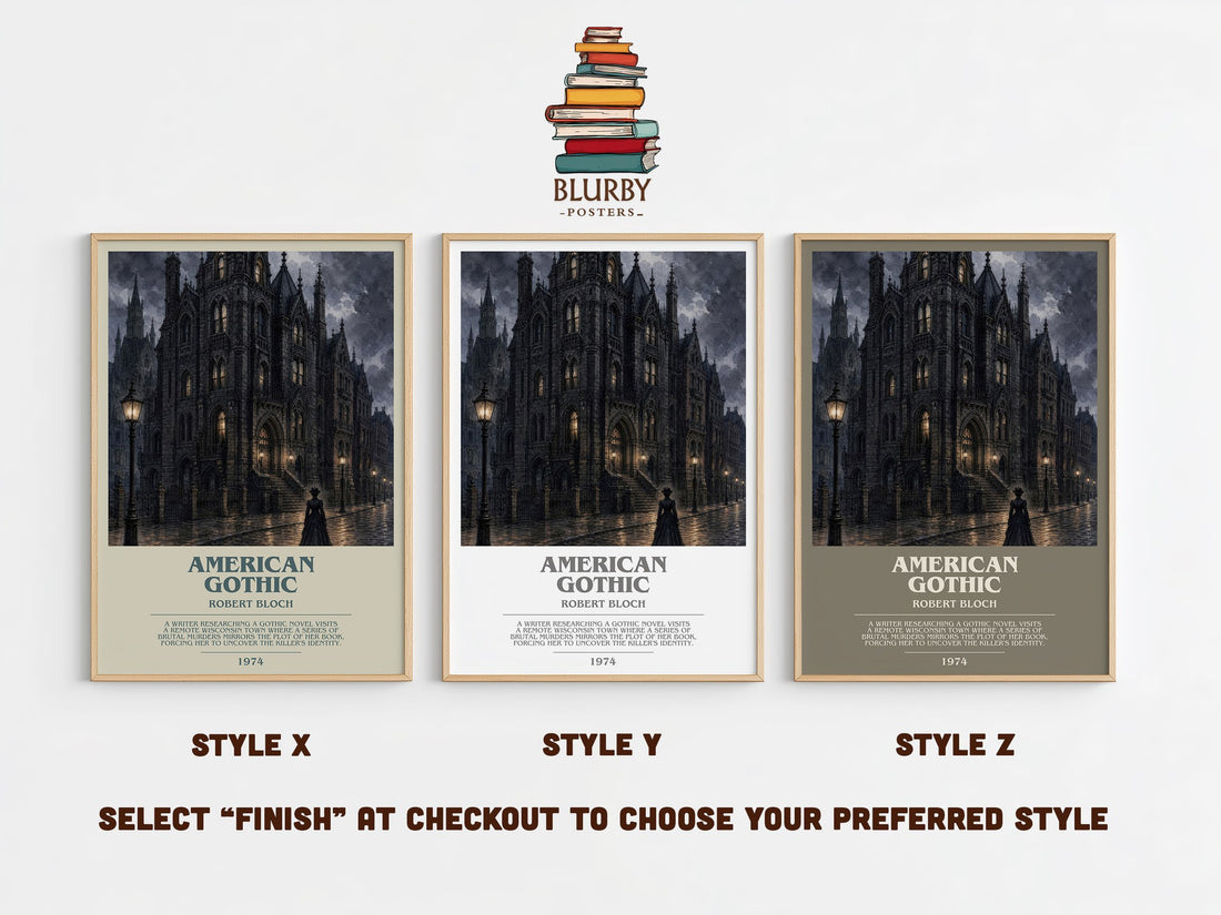 American Gothic bookish print in frame leaning in hallway – horror wall art (mockup)