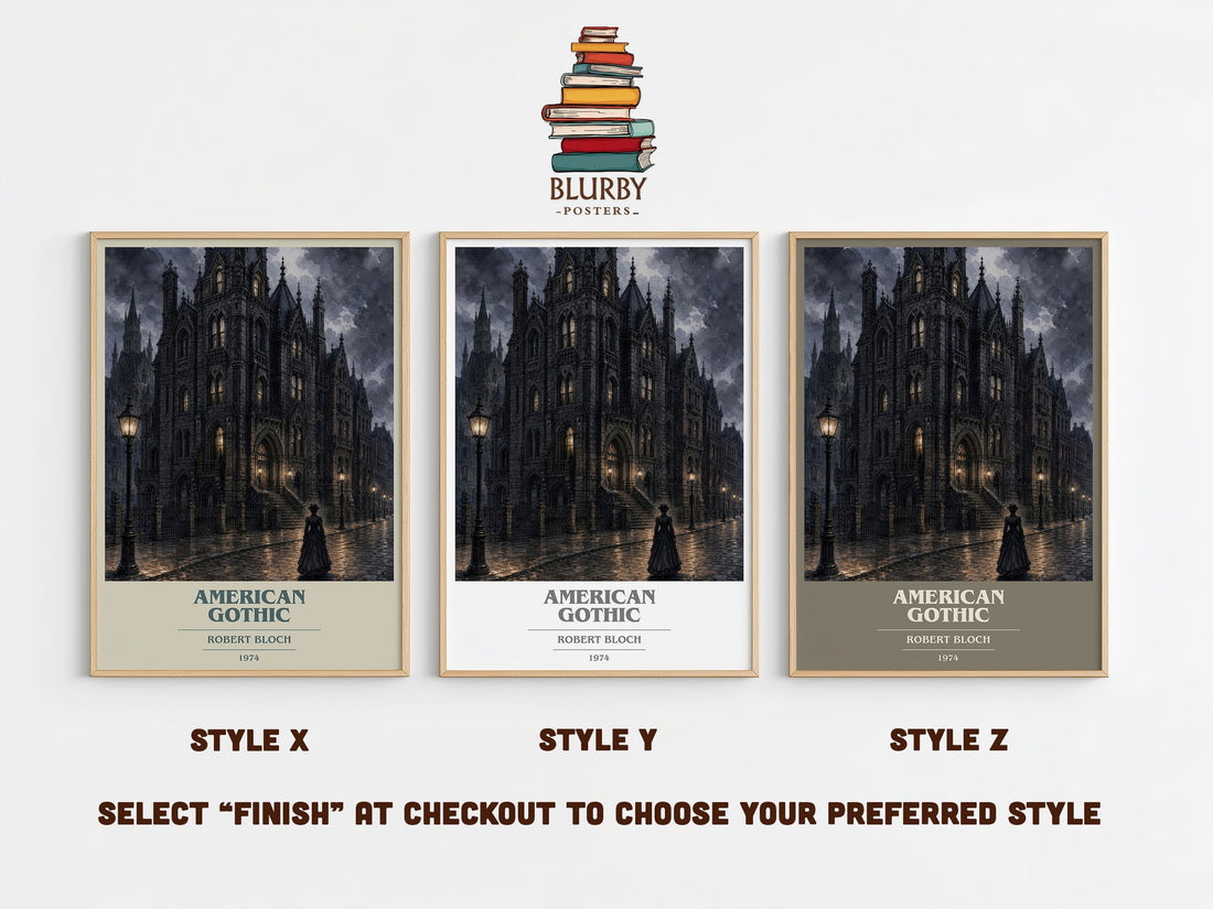 American Gothic book cover print in frame leaning in hallway – horror wall art (mockup)