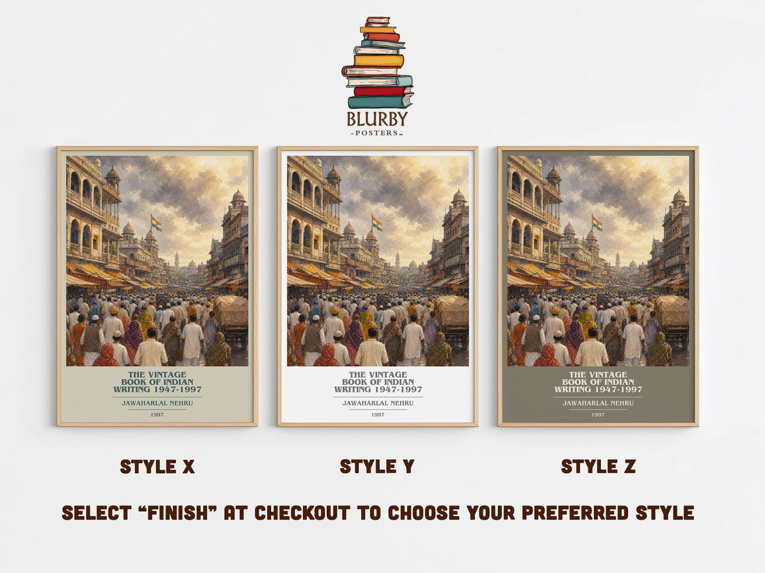 The Vintage Book of Indian Writing 1947-1997 book cover print in frame leaning in hallway – literary fiction wall art (mockup)