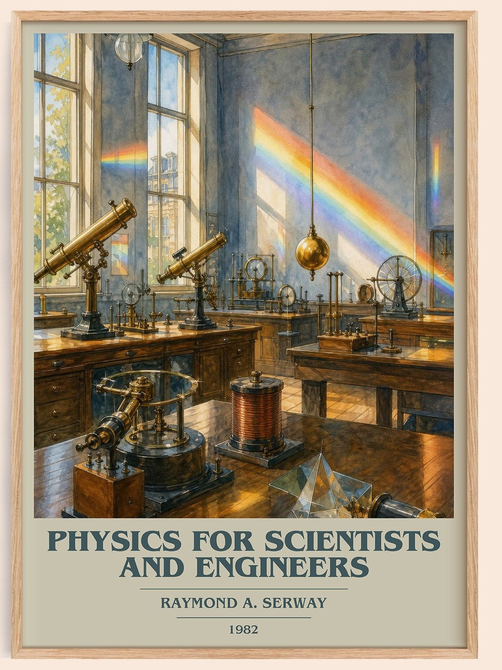 Physics for scientists and engineers book cover book poster by Raymond A. Serway – framed literary art print