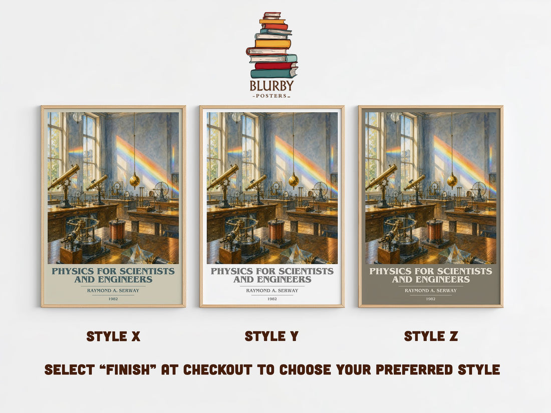 Physics for scientists and engineers book cover print in frame leaning in hallway – non fiction wall art (mockup)