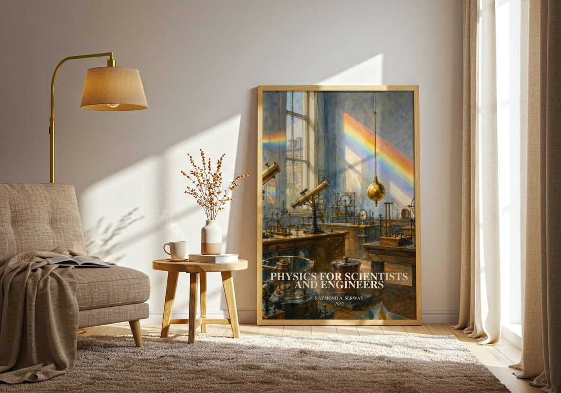Physics for scientists and engineers watercolour print in frame leaning in hallway – non fiction wall art