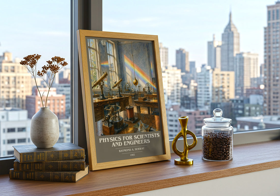 Physics for scientists and engineers book cover print framed by window – literary home decor
