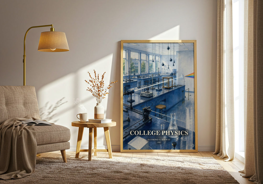 College physics watercolour print in frame leaning in hallway – non fiction wall art