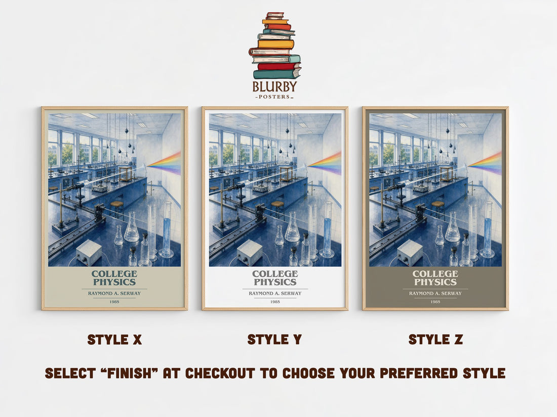 College physics book cover print in frame leaning in hallway – non fiction wall art (mockup)