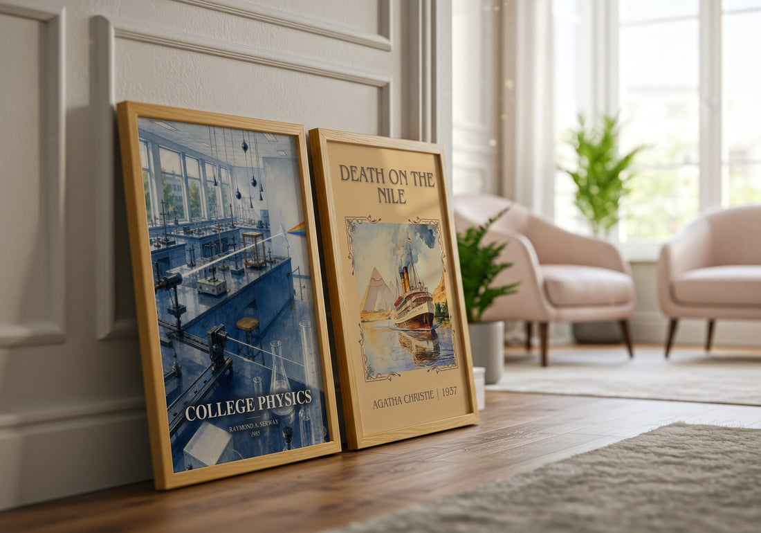 College physics watercolour print framed by window – literary home decor
