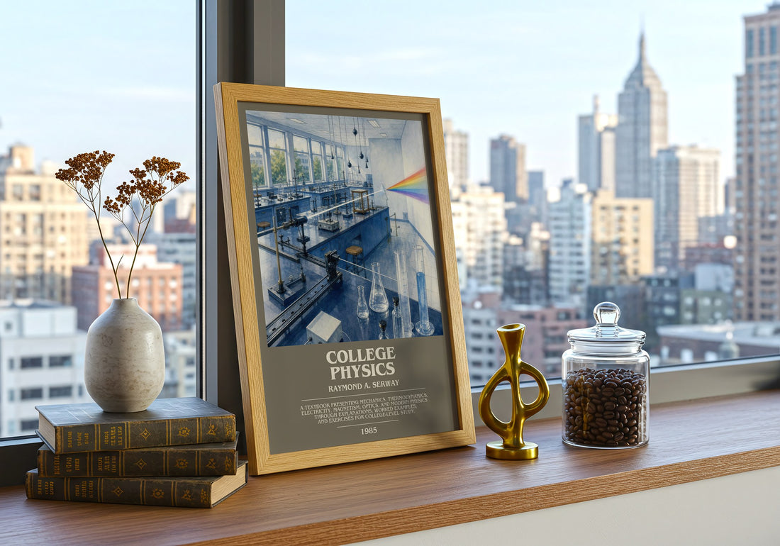 College physics bookish print framed by window – literary home decor