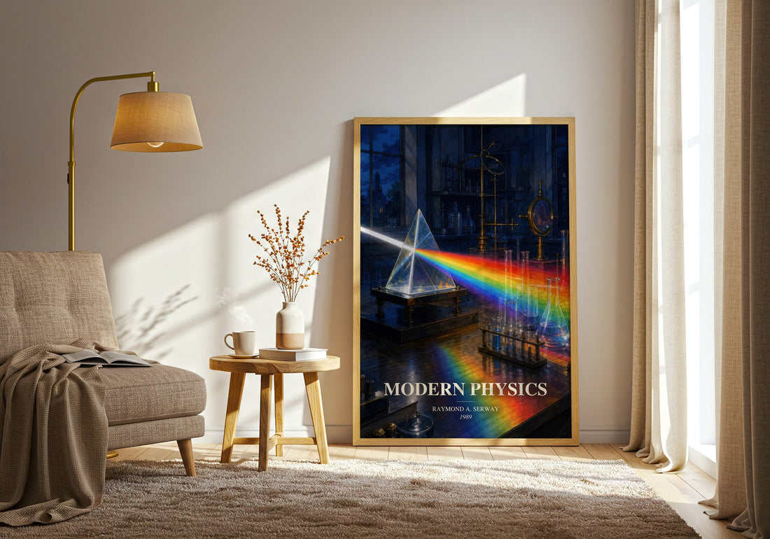 Modern Physics watercolour print in frame leaning in hallway – non fiction wall art