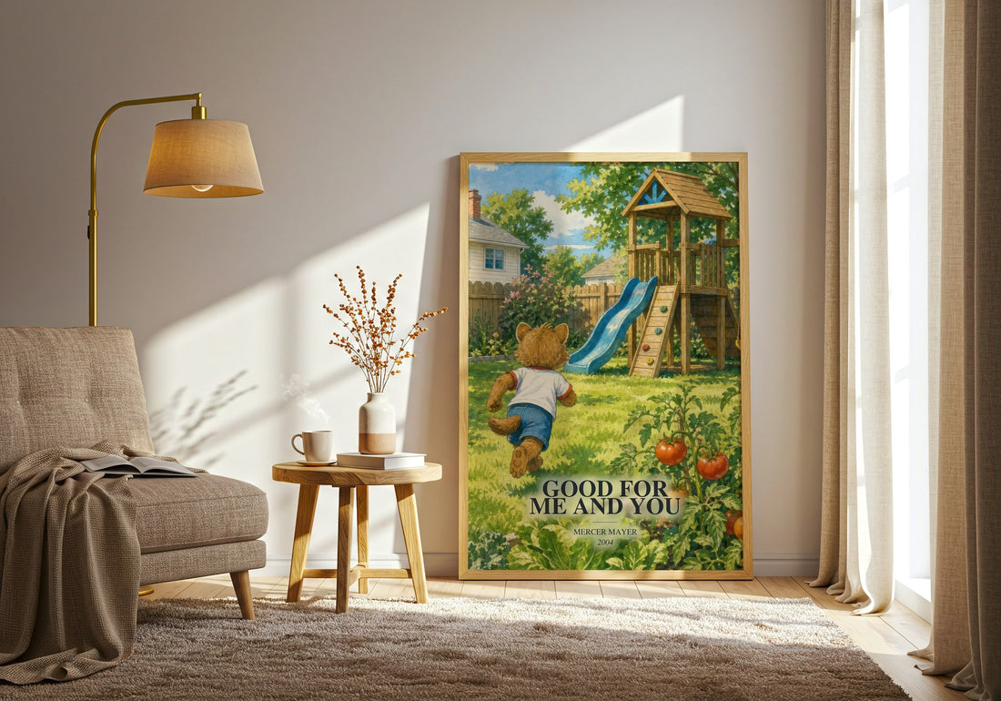 Good for Me and You watercolour print in frame leaning in hallway – childrens wall art
