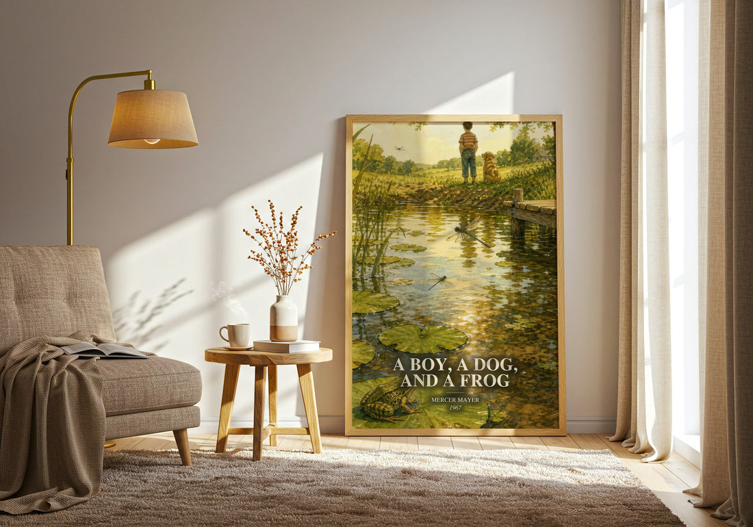 A Boy, a Dog, and a Frog watercolour print in frame leaning in hallway – childrens wall art