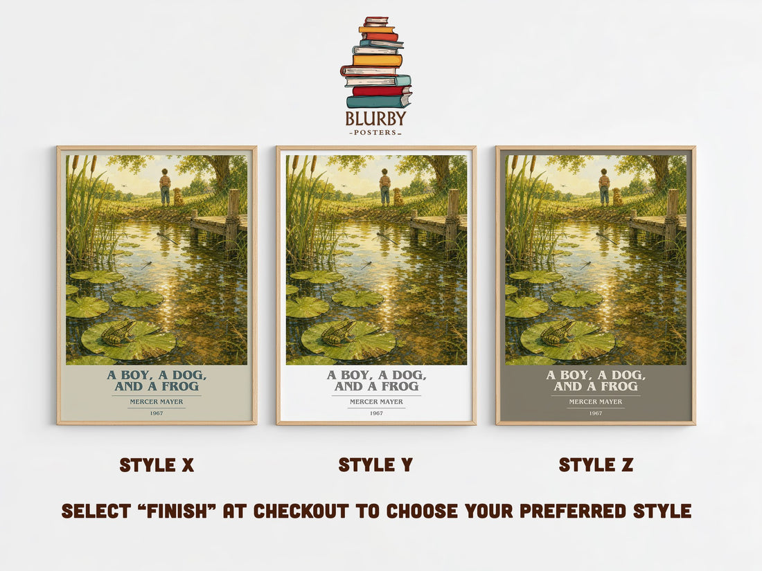A Boy, a Dog, and a Frog book cover print in frame leaning in hallway – childrens wall art (mockup)