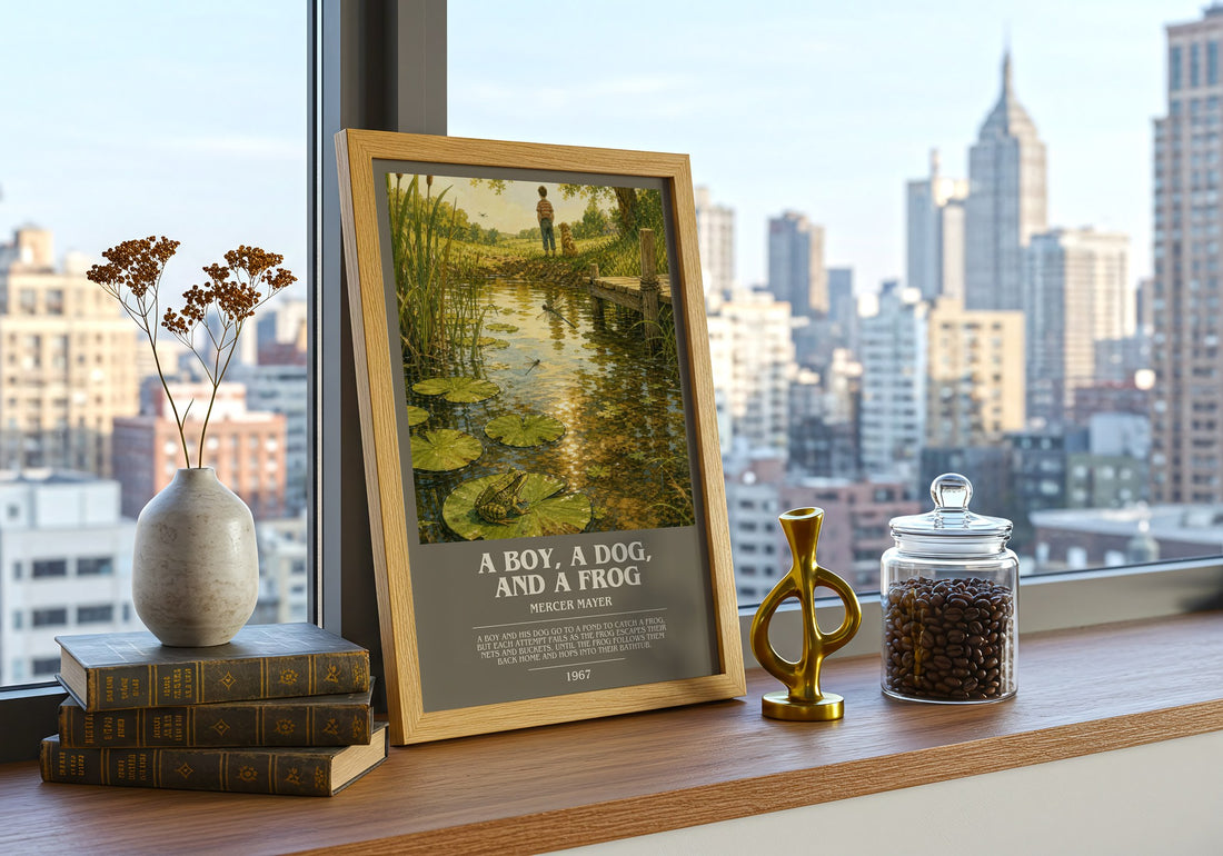 A Boy, a Dog, and a Frog bookish print framed by window – literary home decor