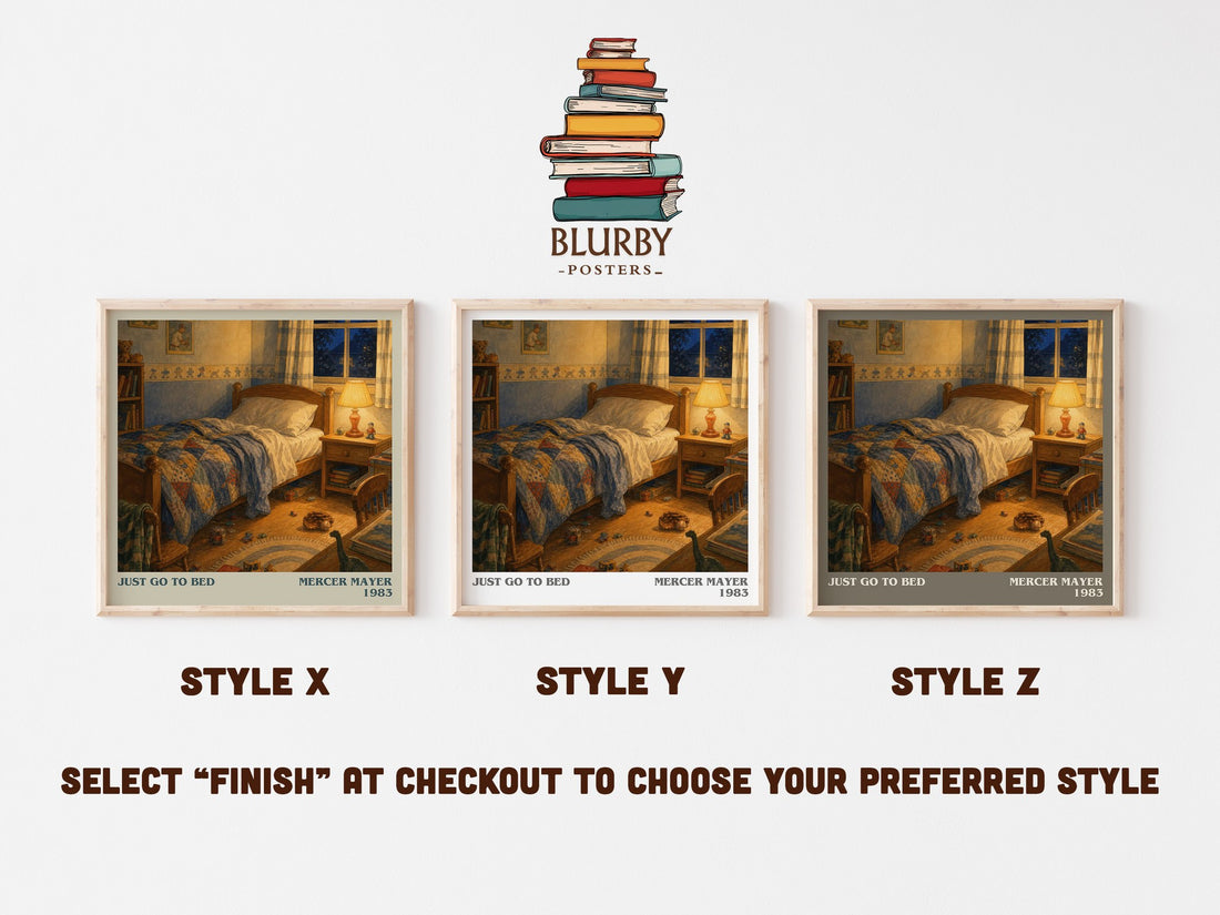 Just Go to Bed literary print in frame leaning in hallway – childrens wall art (mockup)