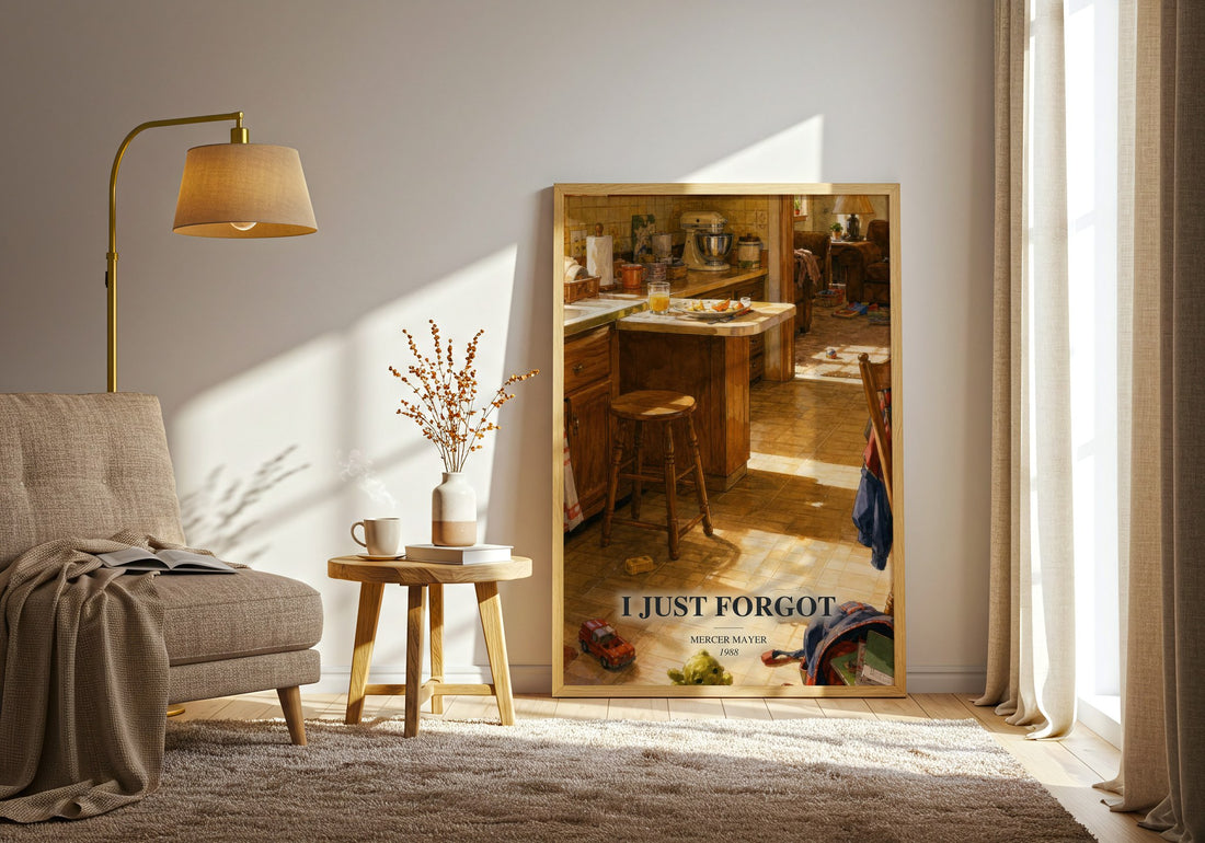 I Just Forgot watercolour print in frame leaning in hallway – childrens wall art