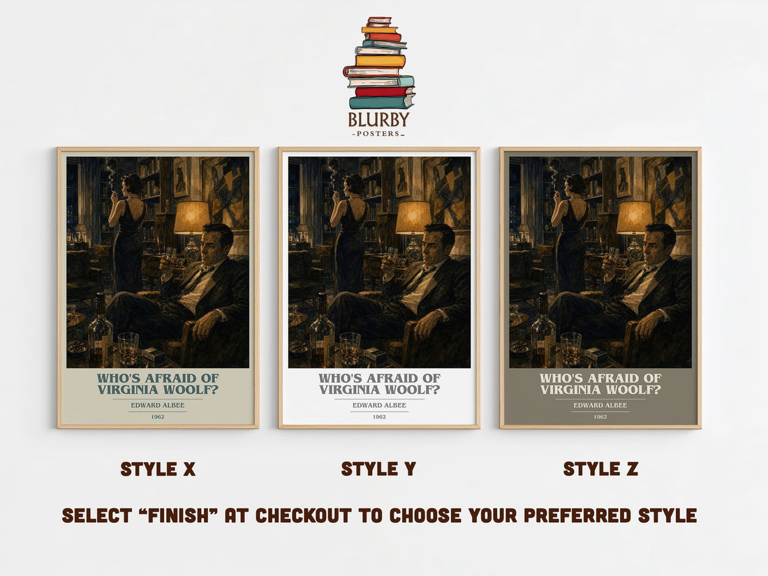 Who's Afraid of Virginia Woolf? book cover print in frame leaning in hallway – literary fiction wall art (mockup)
