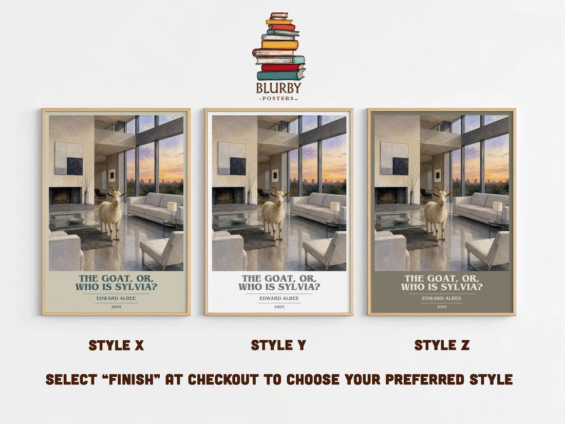The goat, or, Who is Sylvia? book cover print in frame leaning in hallway – contemporary fiction wall art (mockup)