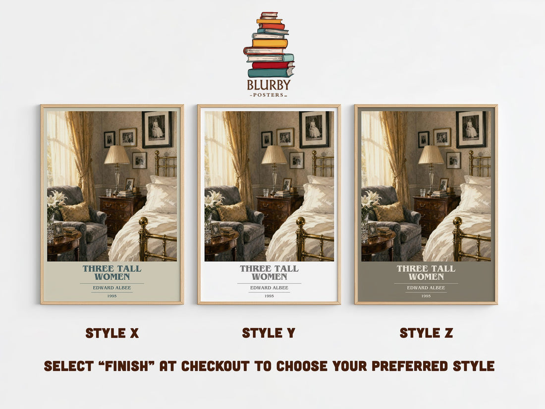 Three tall women book cover print in frame leaning in hallway – literary fiction wall art (mockup)