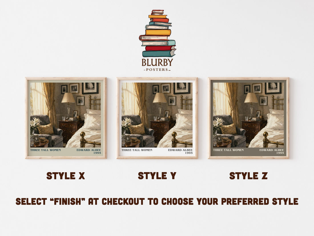 Three tall women literary print in frame leaning in hallway – literary fiction wall art (mockup)