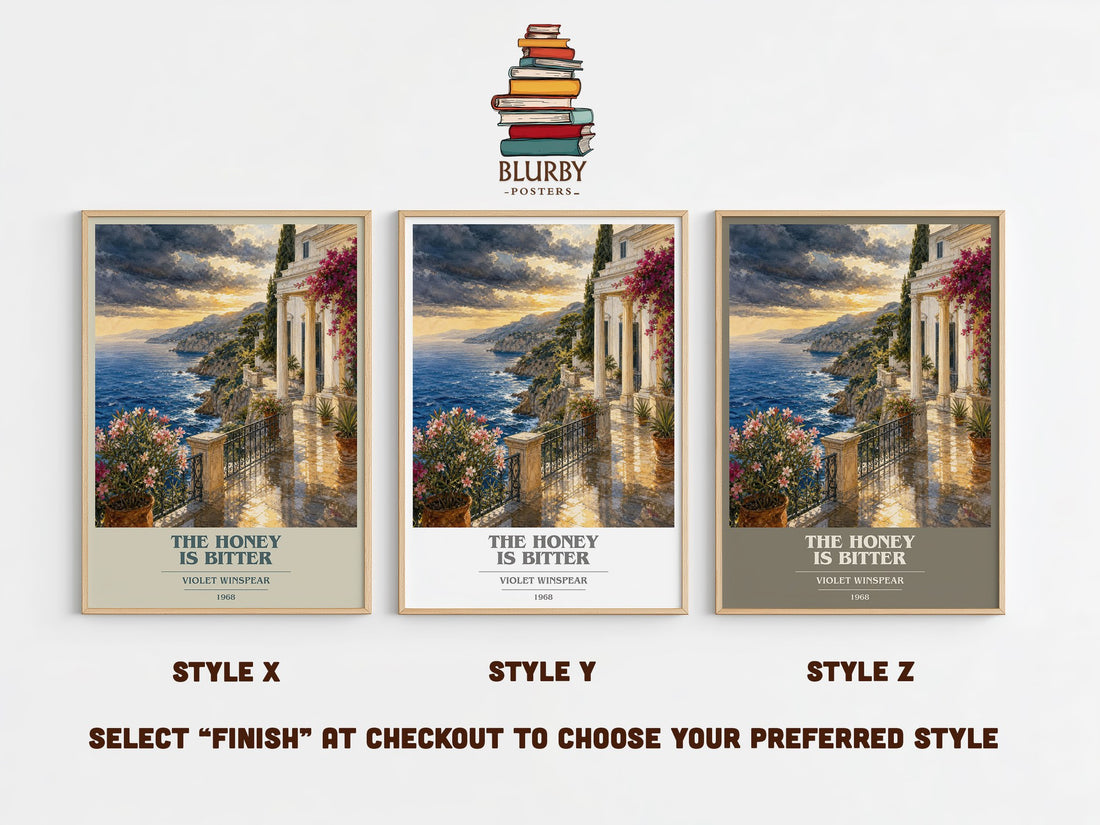 The Honey is Bitter book cover print in frame leaning in hallway – romance wall art (mockup)