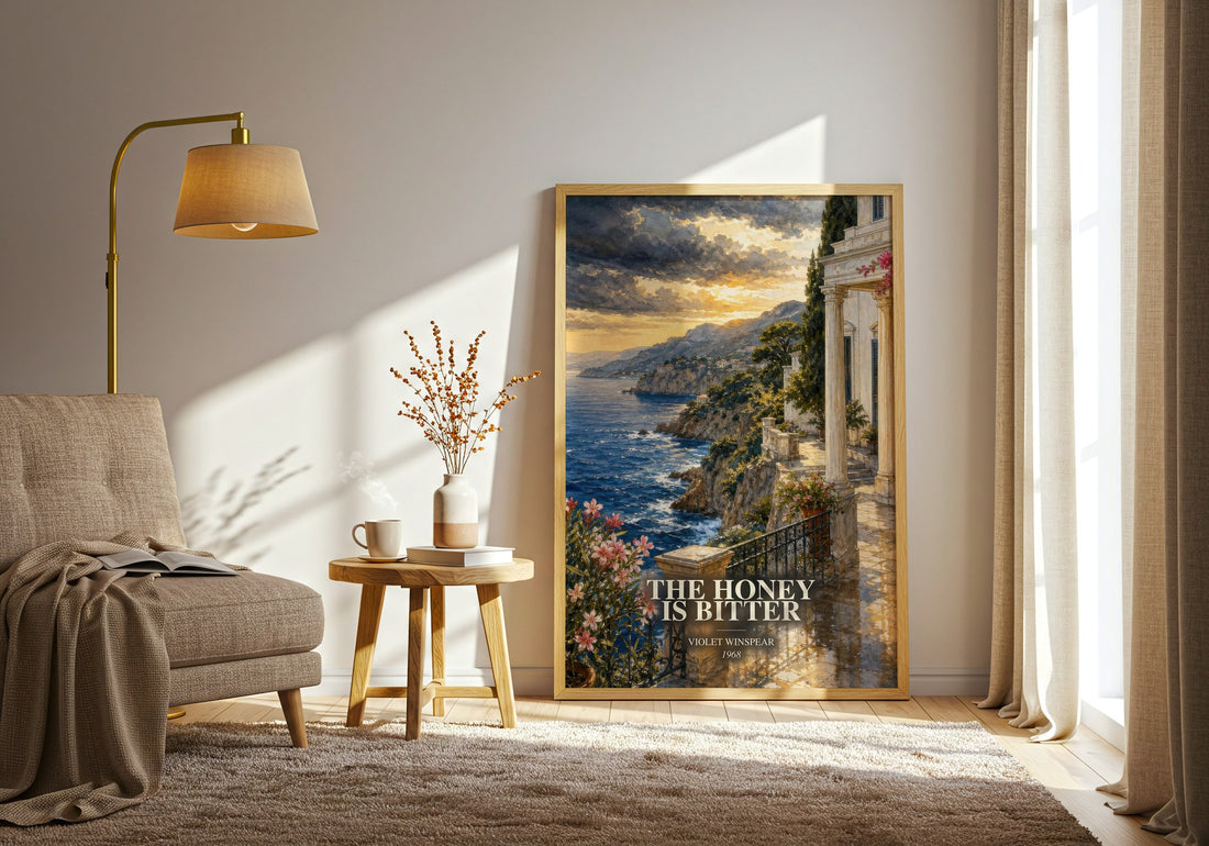 The Honey is Bitter watercolour print in frame leaning in hallway – romance wall art