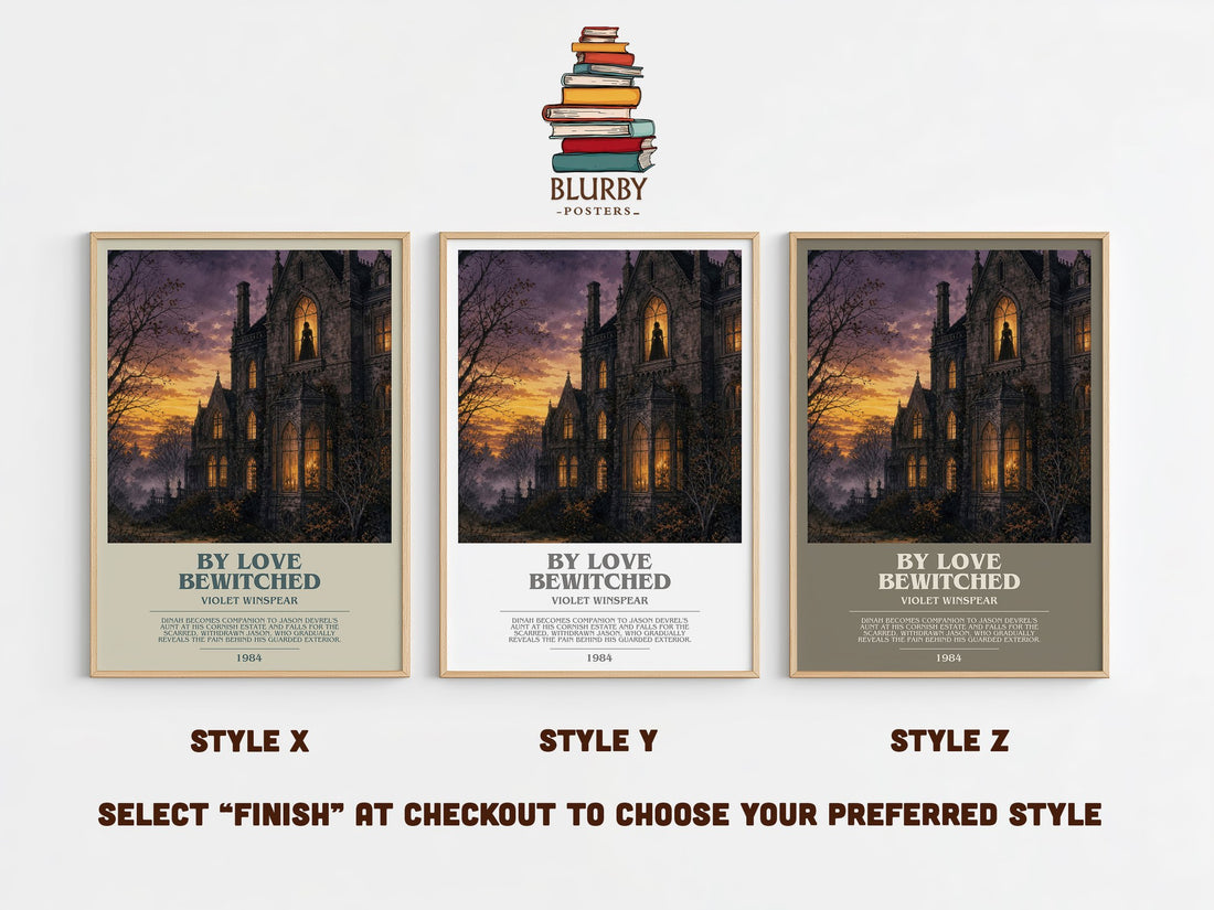 By Love Bewitched bookish print in frame leaning in hallway – romance wall art (mockup)