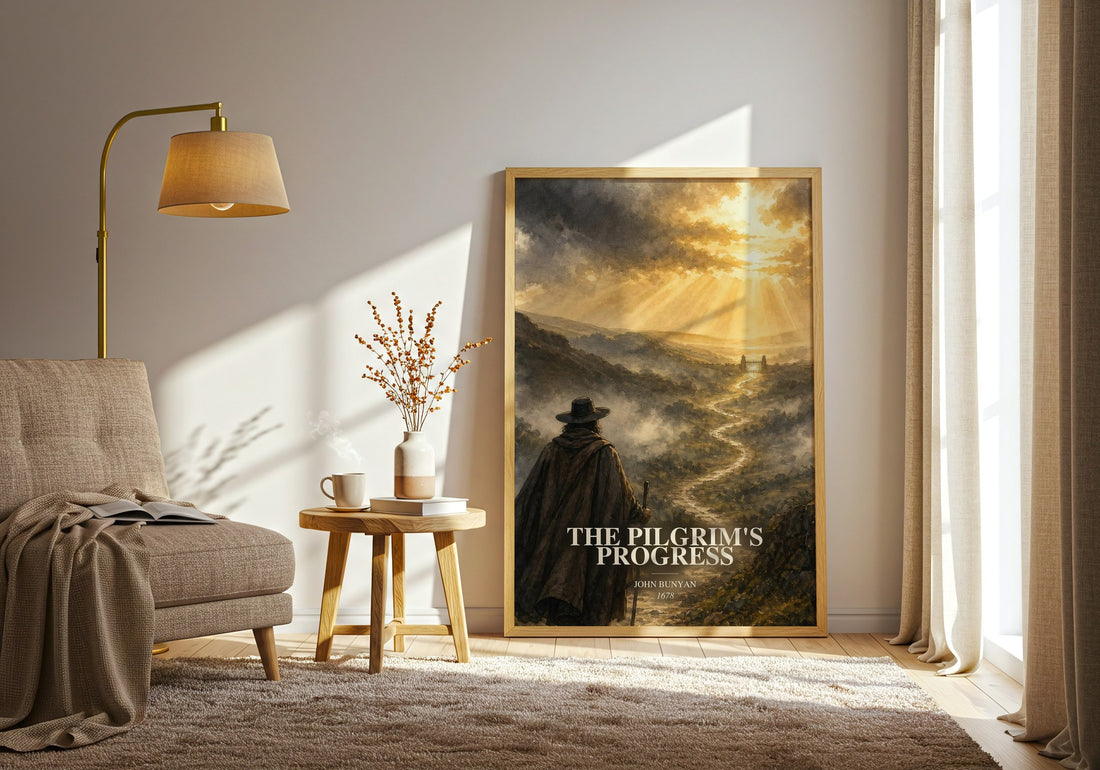 The Pilgrim's Progress watercolour print in frame leaning in hallway – classic literature wall art